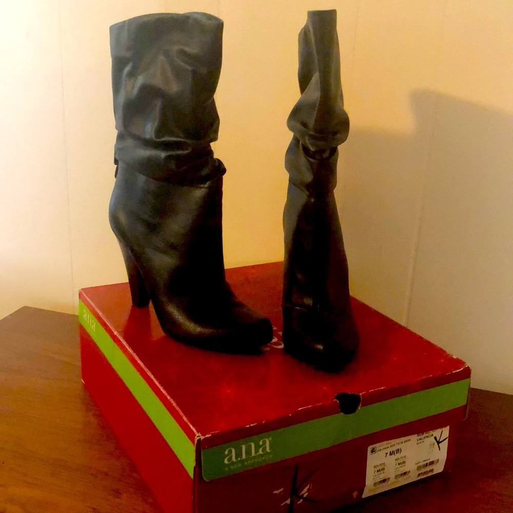 a.n.a. Mid Calf Boots Womens Size 7 M Slouch Pull On Pointed Toe Black Heels